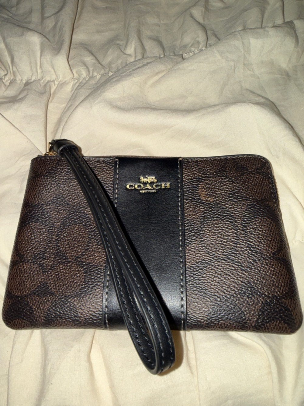 Coach Brown Signature Coated Canvas Wristlet with Black Center Stripe